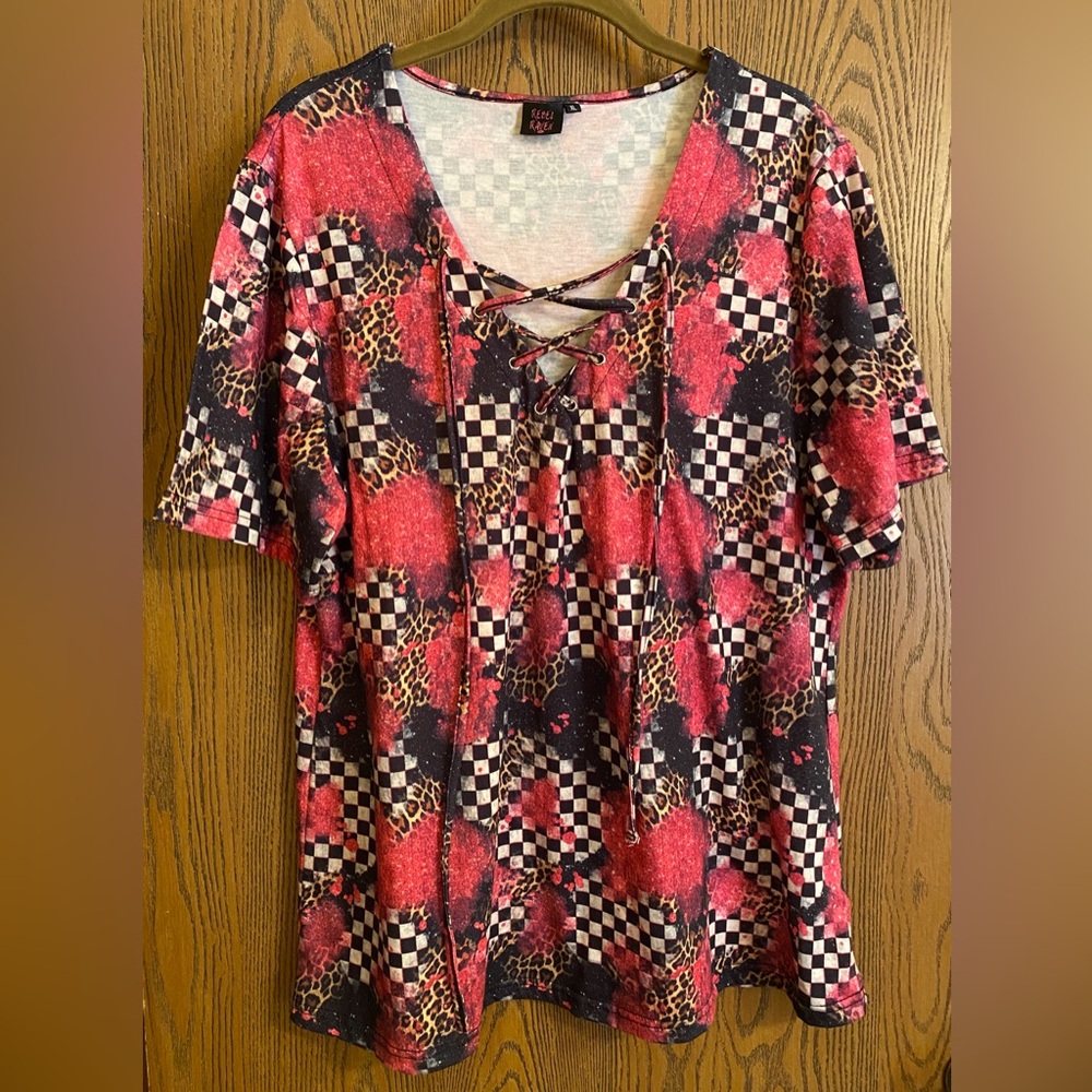 Rebel Raven Pink and Black, Checkered and Leo patterned Short Sleeve Top, XL